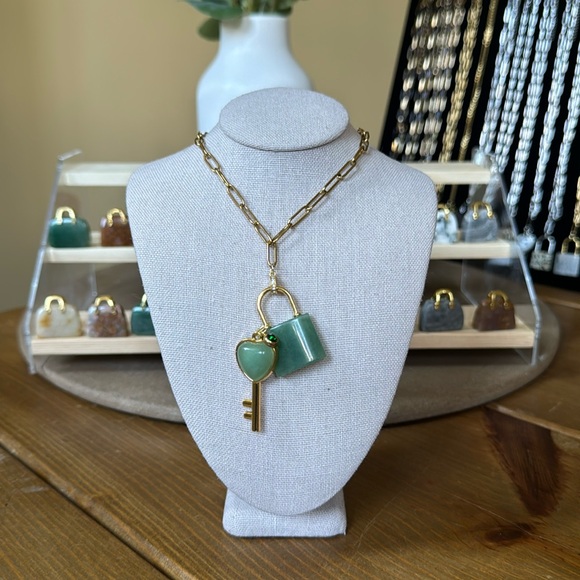 Hand Crafted Jewelry - Green Aventurine Lock & Key Set Necklace